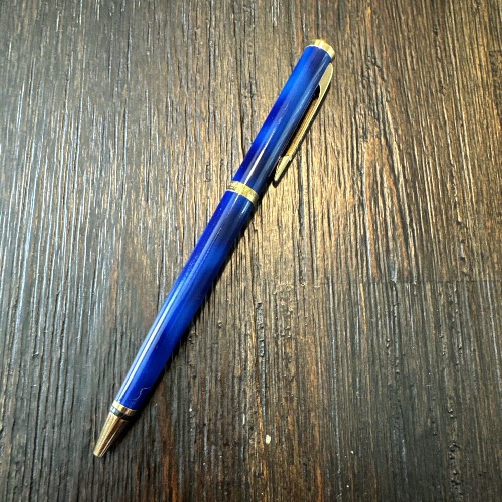 Waterman Marble France Blue/Gold Lacquer Twisted Ballpoint Pen (No Box) Vintage